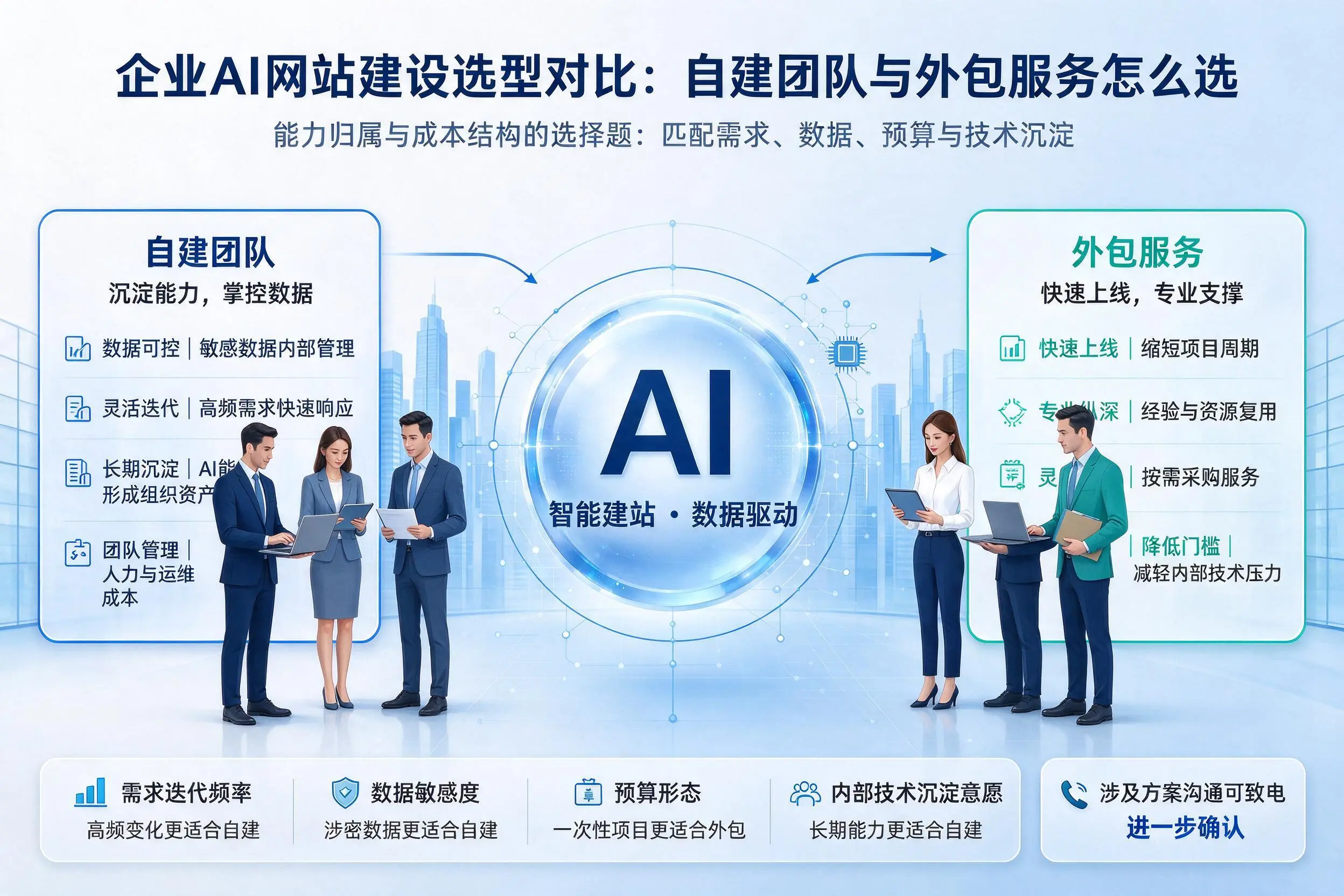 商洛企业AI网站建设选型对比：自建团队与外包服务怎么选